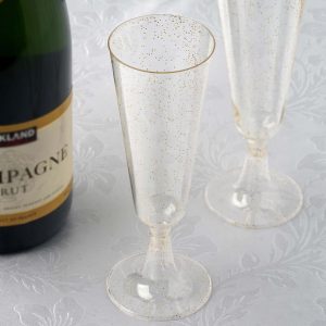 12-Pack Plastic Champagne Glasses 5oz Gold Glittered Short Stem - Disposable Trumpet Flutes with Detachable Base - Pack of 12 Cups